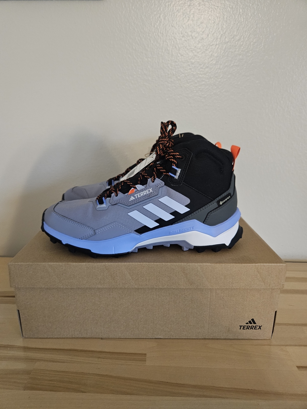 Adidas Terrex Mid-Top Trail Shoe in Light Gray & Black with Blue Accents